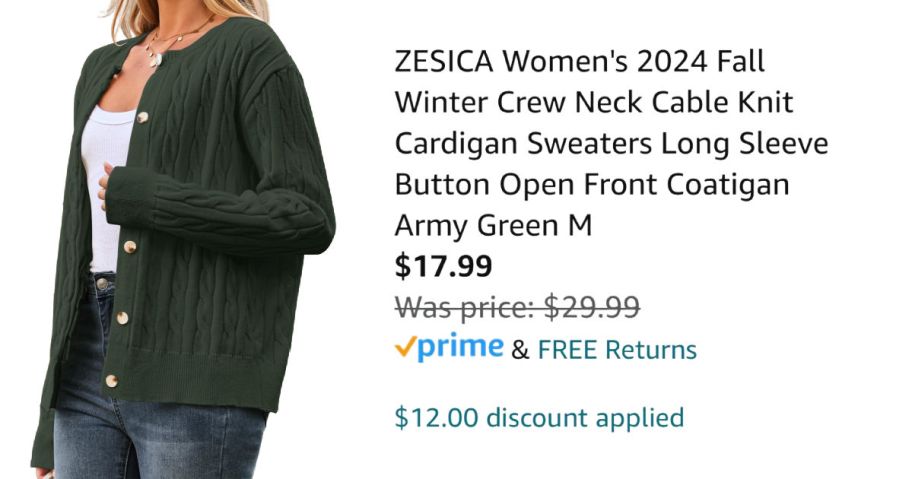 woman wearing green cardican next to Amazon pricing information