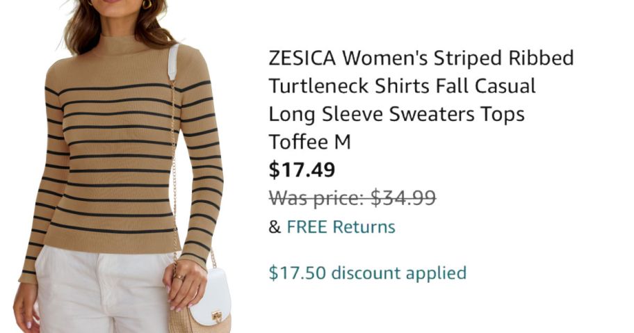 woman wearing striped turtleneck next to Amazon pricing information