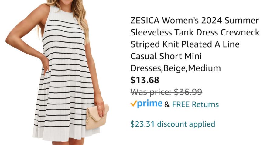 woman wearing a striped dress next to Amazon pricing information