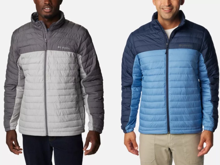 men wearing Columbia jackets, one in light and dark grey, one in light and dark blue