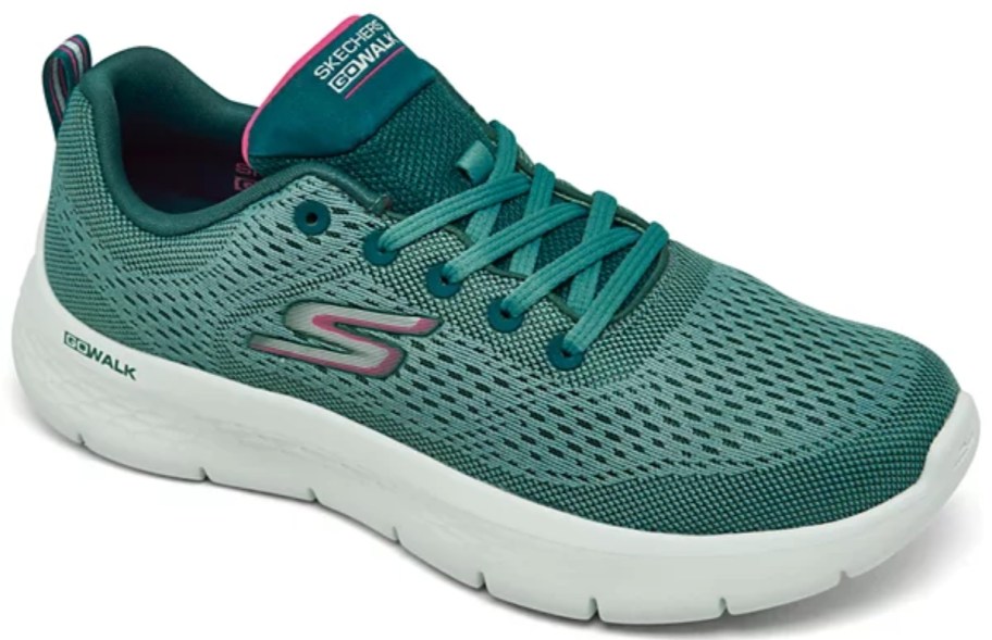 women's Skechers athletic shoe in green and white with pink accents