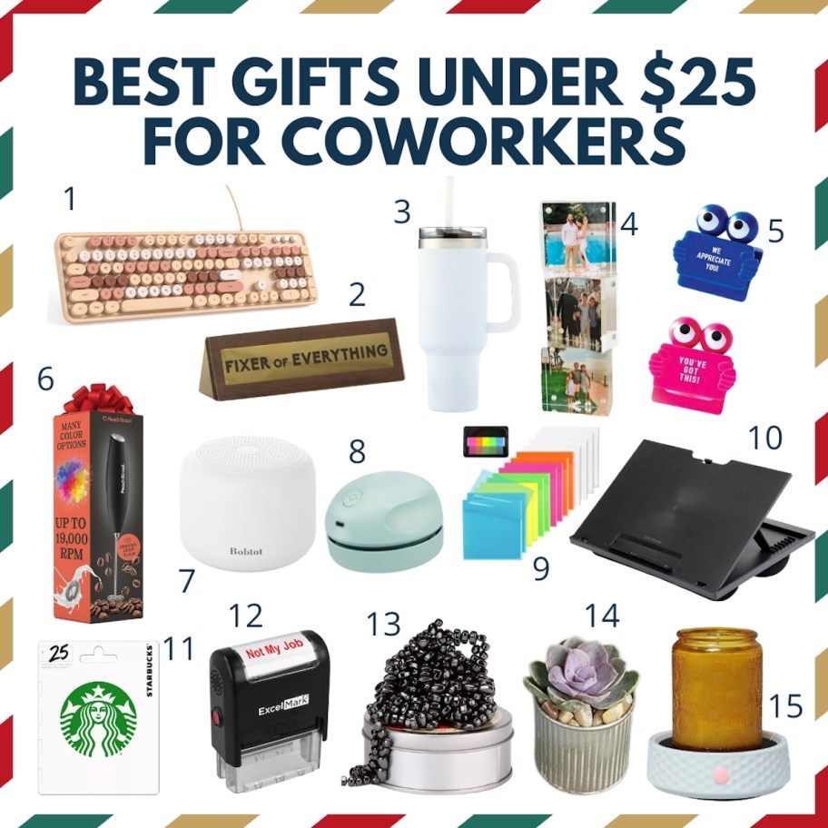 coworkers gift guide collage with stock photos of numbered gift ideas