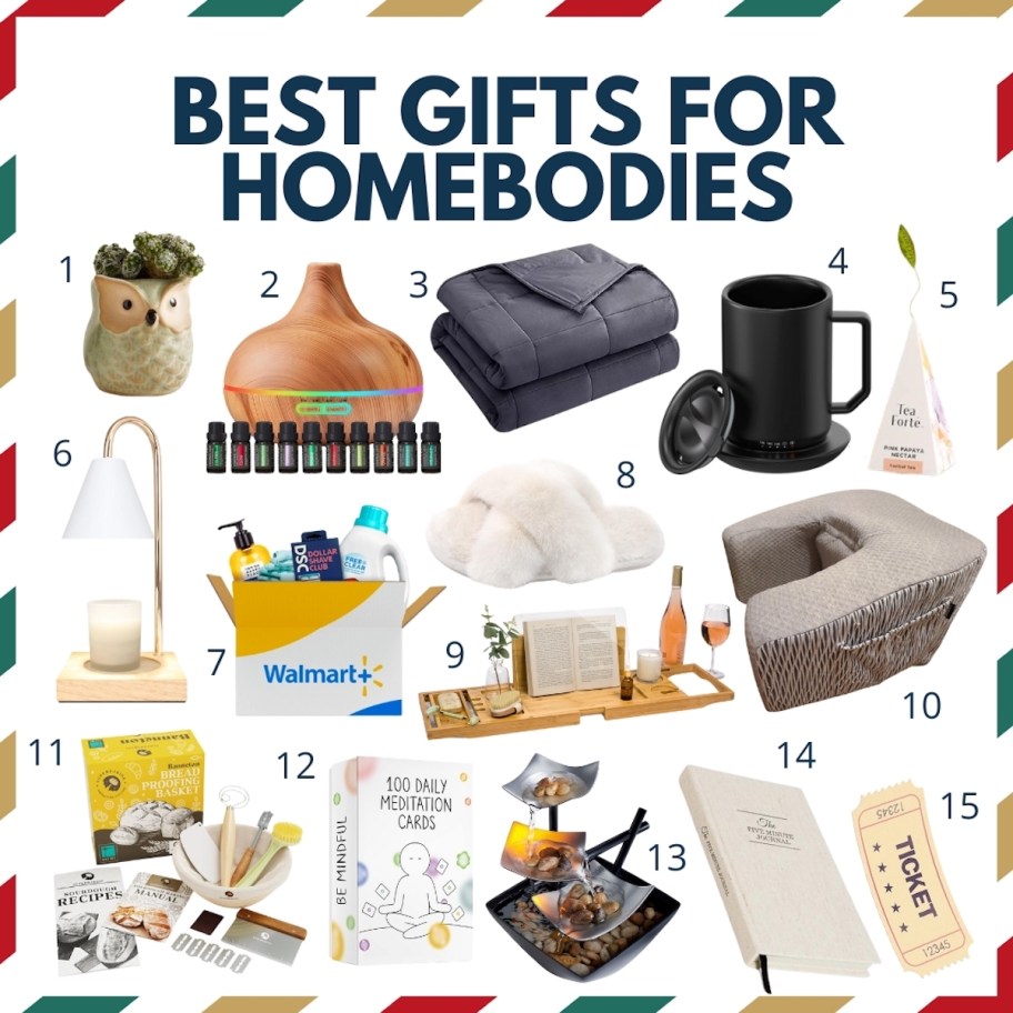 collage of the best gifts for homebodies with various stock photos of gift ideas