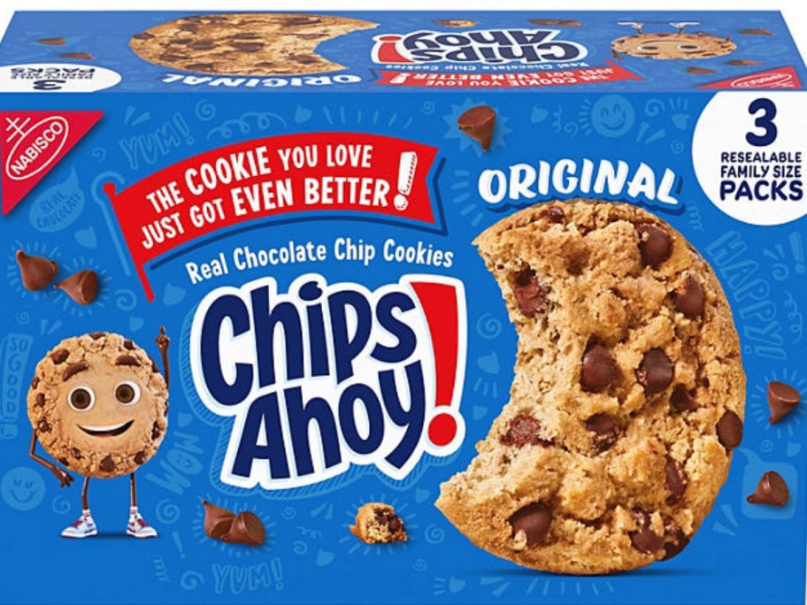 A large blue box containing Chips Ahoy cookies.