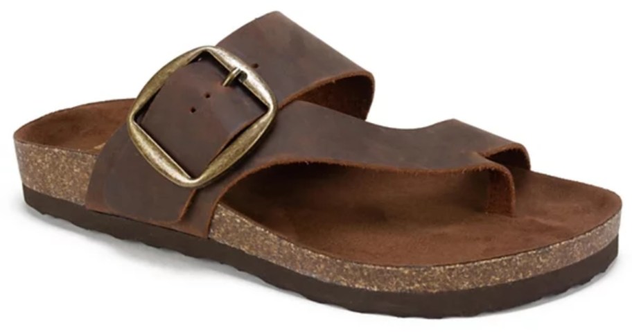 women's dark brown footbed sandal with buckle and toe strap 