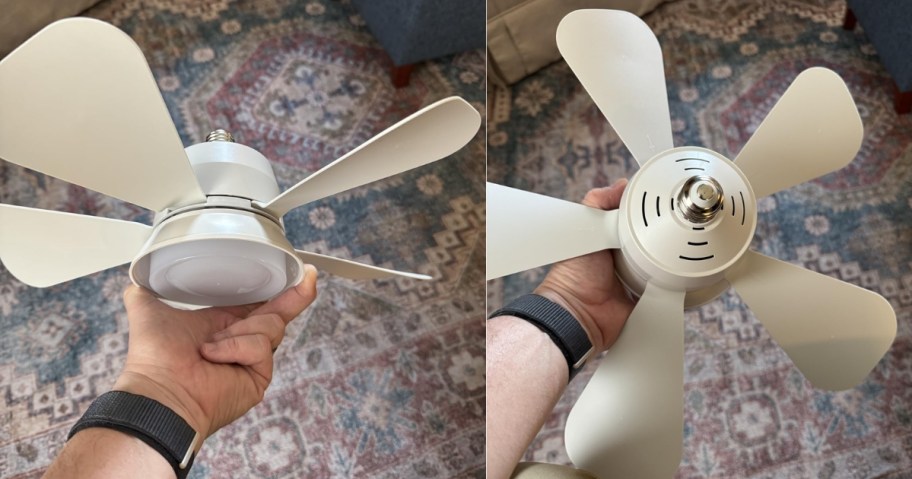 a side by side image of a hand holding a white Socket Ceiling Fan showing the front with the light and the back showing the socket