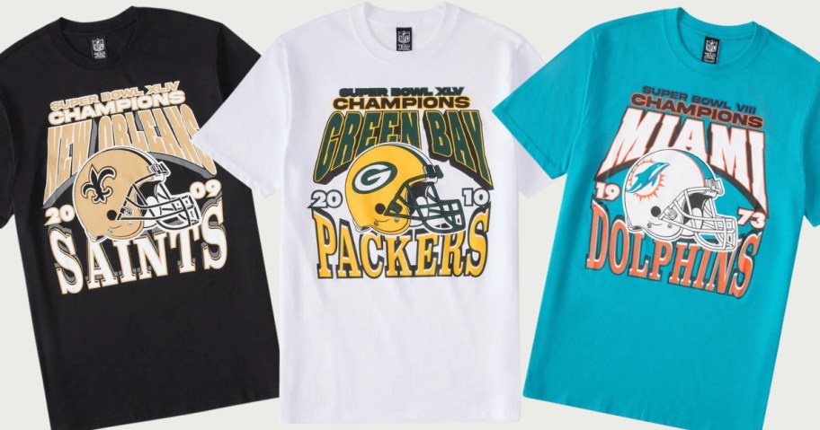 NFL graphic t-shirts, black with New Orleans Saints, White with Green Bay Packers and blue with Miami Dolphins