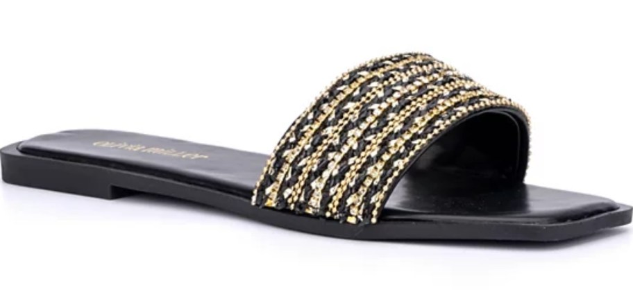 women's black and gold flat slide sandal