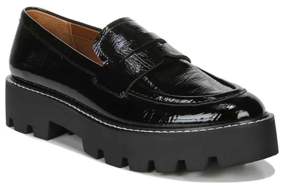 women's black leather chunky sole loafer shoe