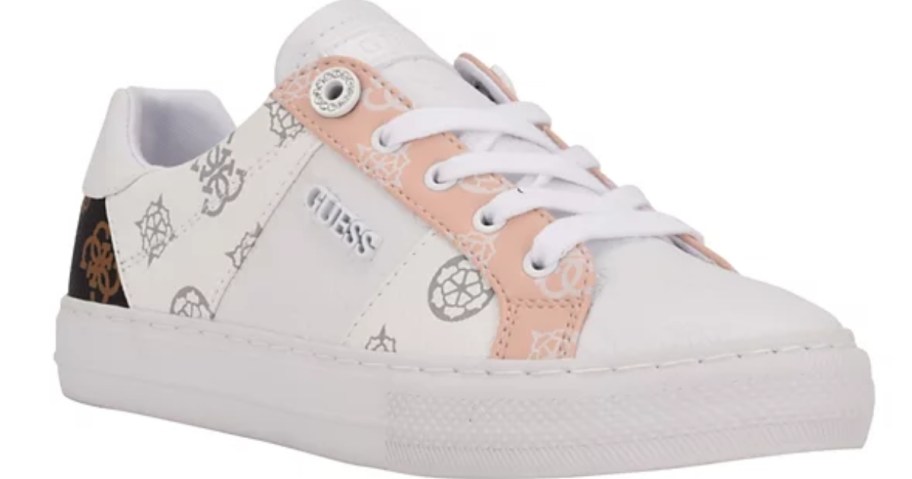 women's GUESS casual sneaker in white with pink, silver, and brown accents and GUESS logo on the sides