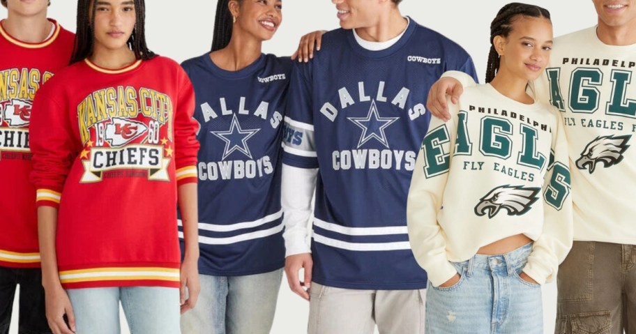 women and men wearing NFL sweatshirts, and mesh tops for Kansas City Chiefs, Dallas Cowboys, Philadelphia Eaglees