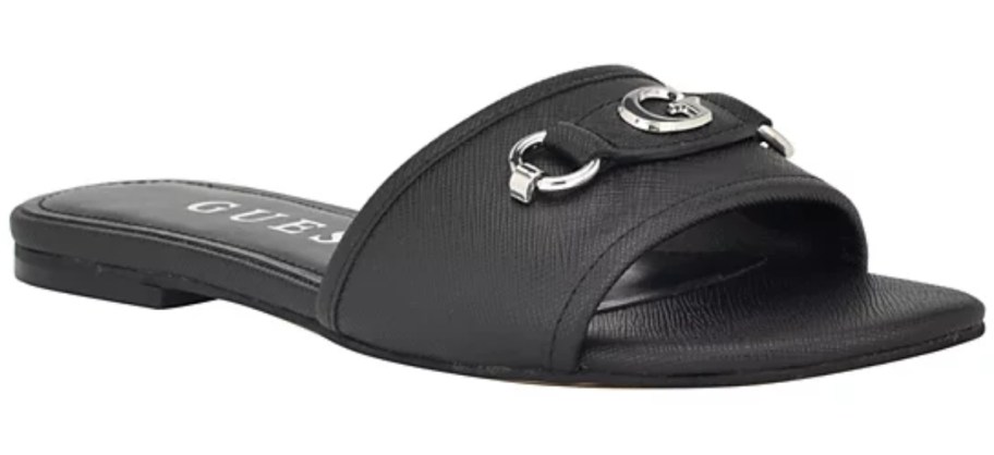 women's black GUESS slide sandal with silver detailing