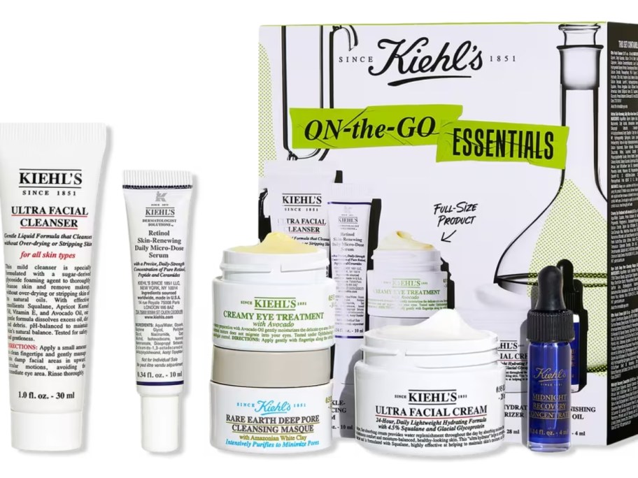 A Kiehl's gift set with various skincare items and the box they come in