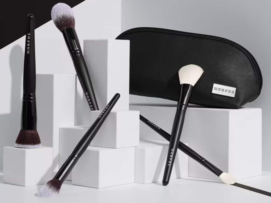 Morphe black and white makeup brushes and a black zipper carry bag