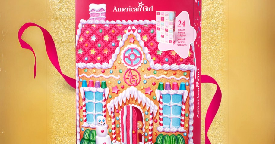 American Girl Advent Calendar on a gold sparkly background with red ribbon