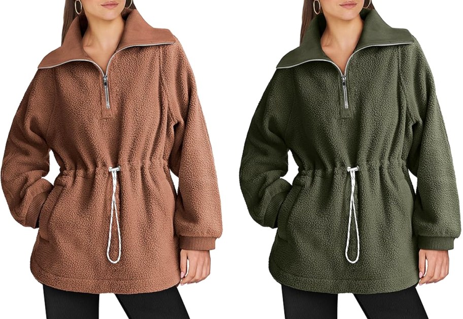 two women in brown and olive green sherpa sweatshirts