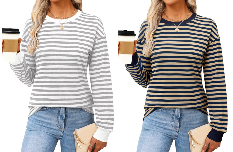 two women in grey and black striped long sleeve shirts