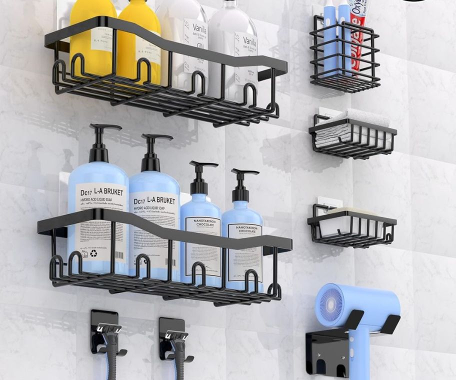 B-Land Large Capacity Shower Shelves with products on them 