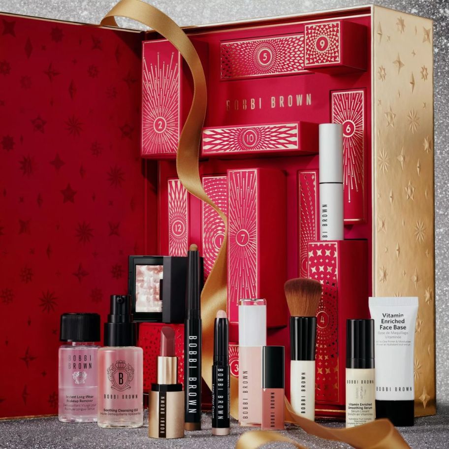 bobbi brown cosmetics advent calendar items displayed in front of the calendar box