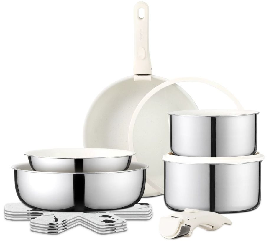 12 piece pots and pans set in ceramic and stainless steel on a white background