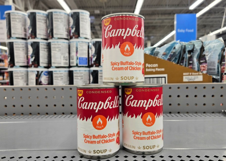 Cans of Campbells Spicy Buffalo Style Soup