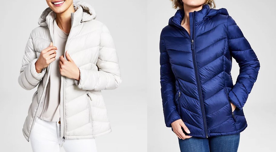 two women in light grey and blue puffer jackets