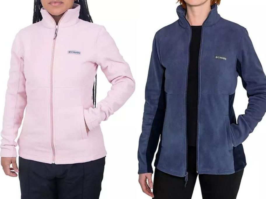 Stock image of two women wearing Columbia Women's Basin Trail full zip jackets.