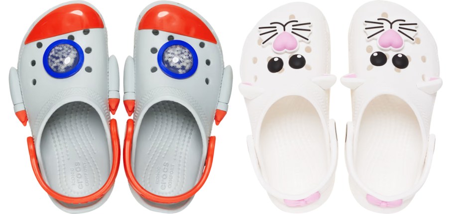 grey rocket ship and white cat crocs clogs