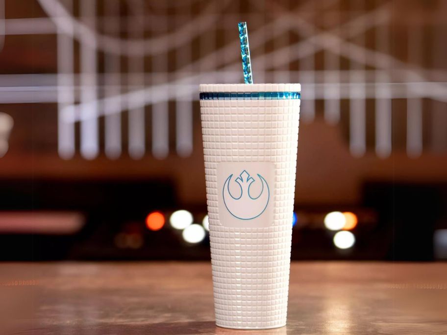 Disney Star Wars Rebel Alliance Starbucks tumbler with straw on table