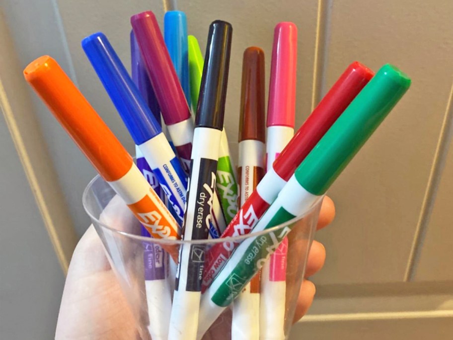 hand holding up a cup of colorful EXPO Markers