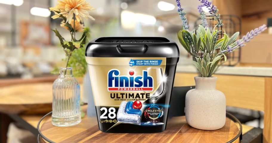 Finish Ultimate Dishwasher Detergent Tablets 28-Count on table