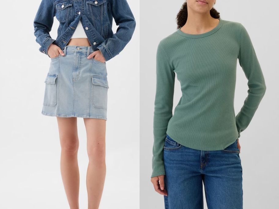 2 women wearing a GAP denim skirt and waffle knit shirt