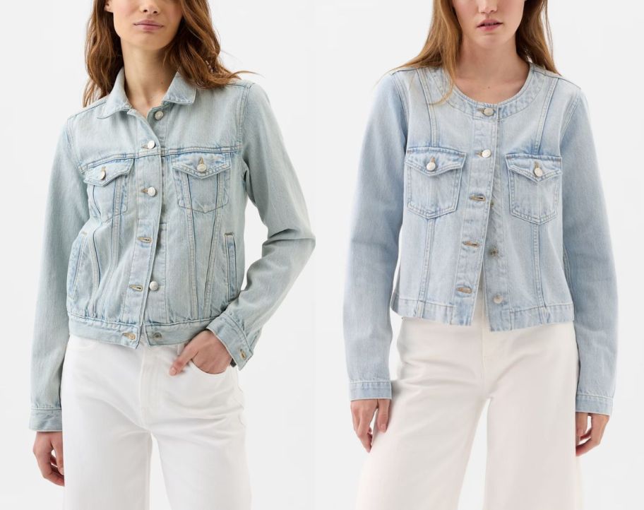 two women wearing denim jackets from gap factory