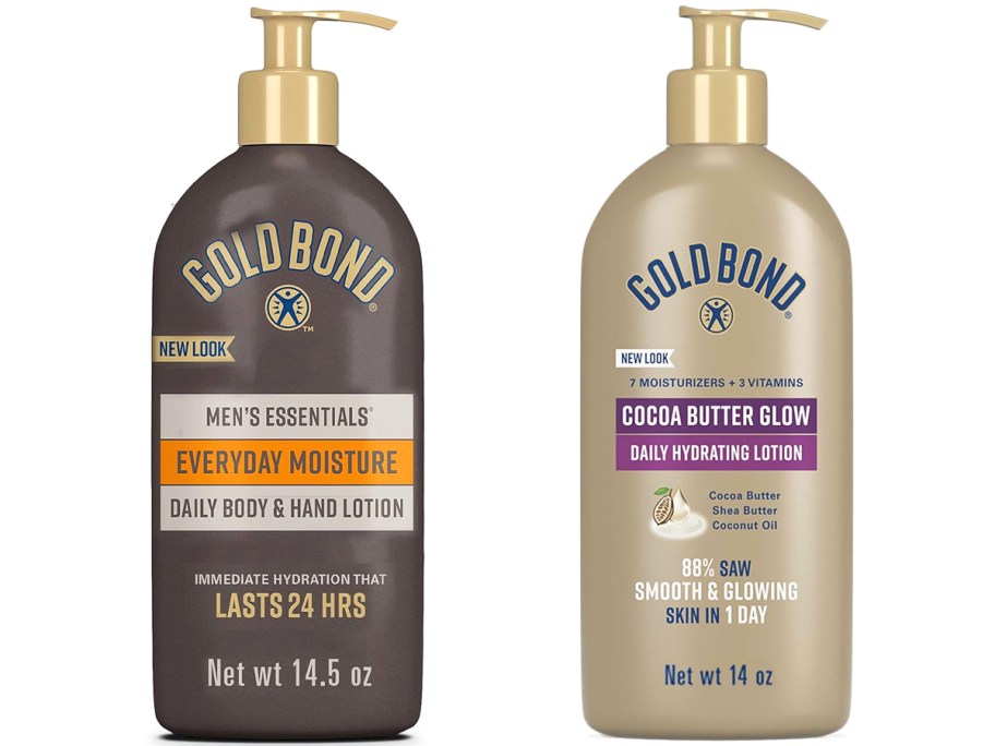 brown and gold bottles of Gold Bond body lotion