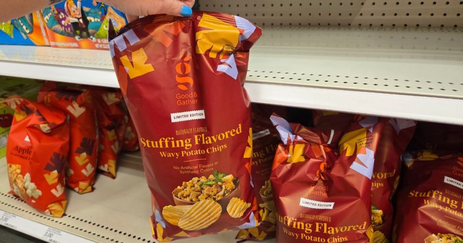 A person holding a bag of Good & Gather Stuffing Chips