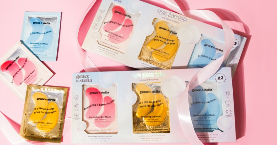 Grace & Stella Under Eye Masks gift set with pink, gold, and blue eye masks