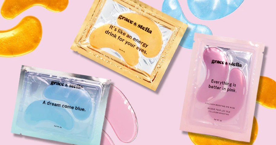 packs of blue, gold, and pink Grace & Stella Under Eye Masks