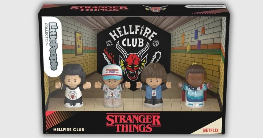 box with Fisher Price Little People Stranger Things Hellfire Club Set in it