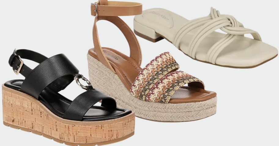 women's black and cork platform heel sandal, tan and brown woven wedge platform sandal, and cream color flat sandal