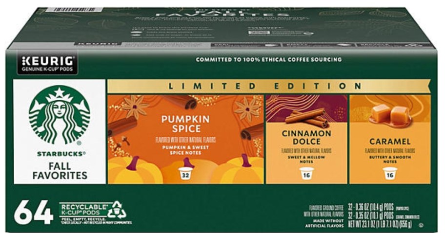 Large green box containing Starbucks K-Cup Coffee Pods, Fall Variety Pack