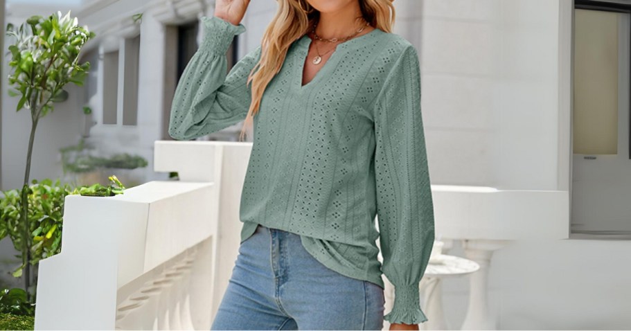 Women’s Long-Sleeve Eyelet Blouse JUST $6.99 on Amazon (Reg. $20)