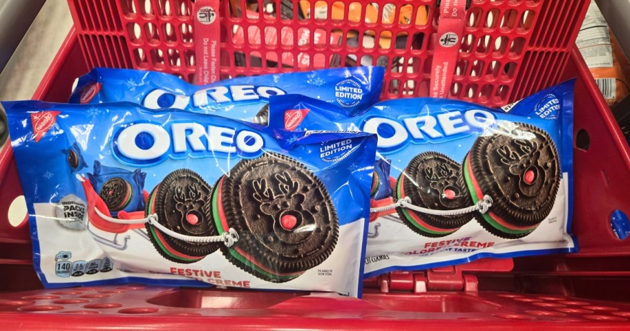 packs of OREO Christmas cookies in a target basket