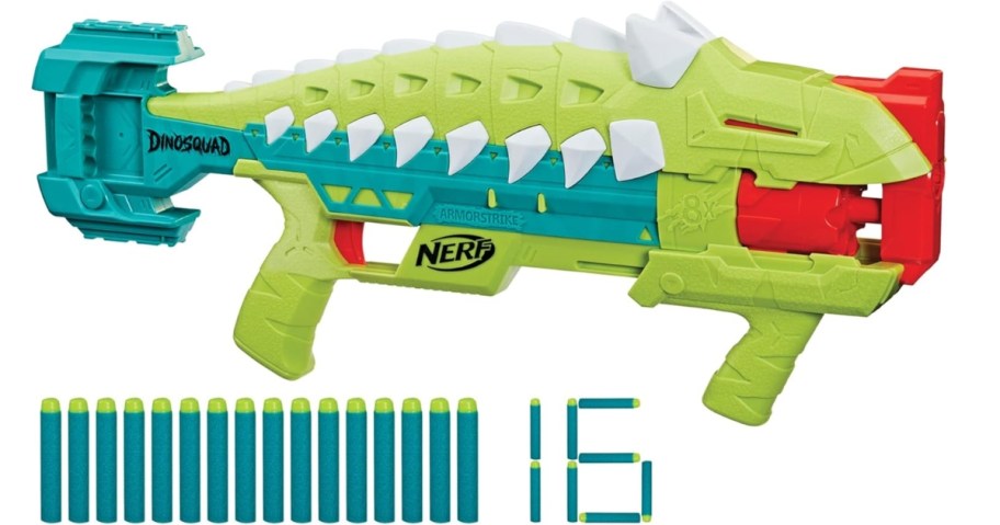 green, blue, and orange Nerf gun shaped like a Dinosaur with blue Nerf darts below it