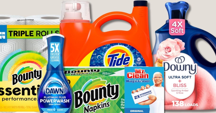 image with Bounty Paper Towels, Napkins, Dawn Powerwash, Tide Detergent, Downy Fabric Softener, and Mr Clean magic erasers