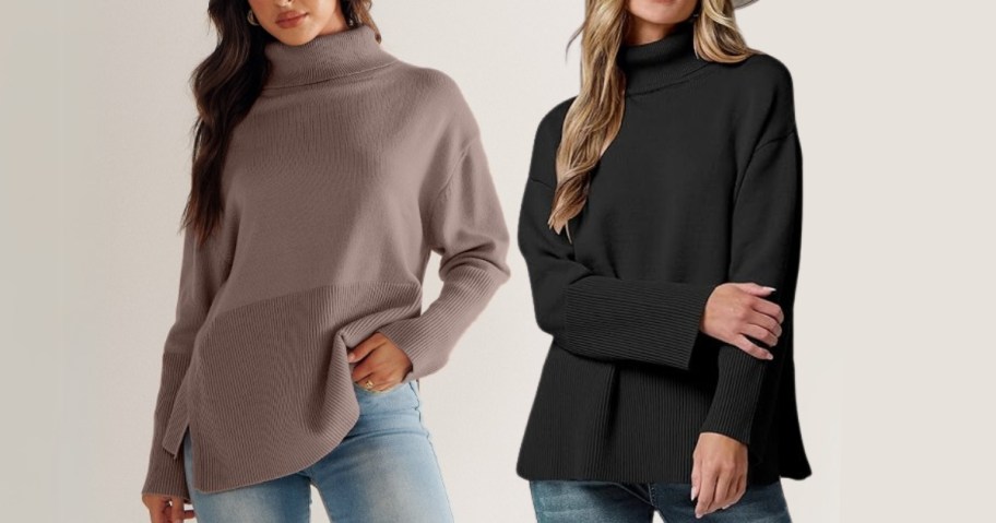 women wearing oversized turtleneck sweaters and jeans, one sweater is taupe, one is black