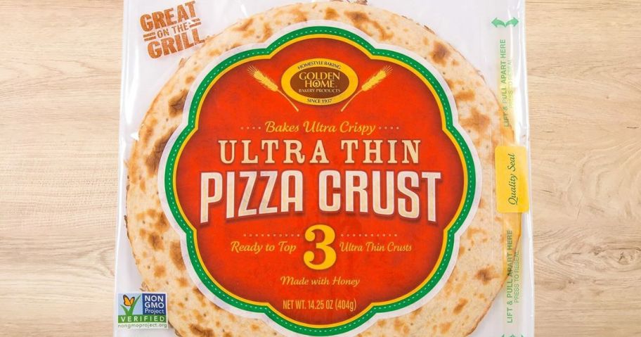 a pack of Golden Home Bakery Products Ultra Thin Pizza Crusts