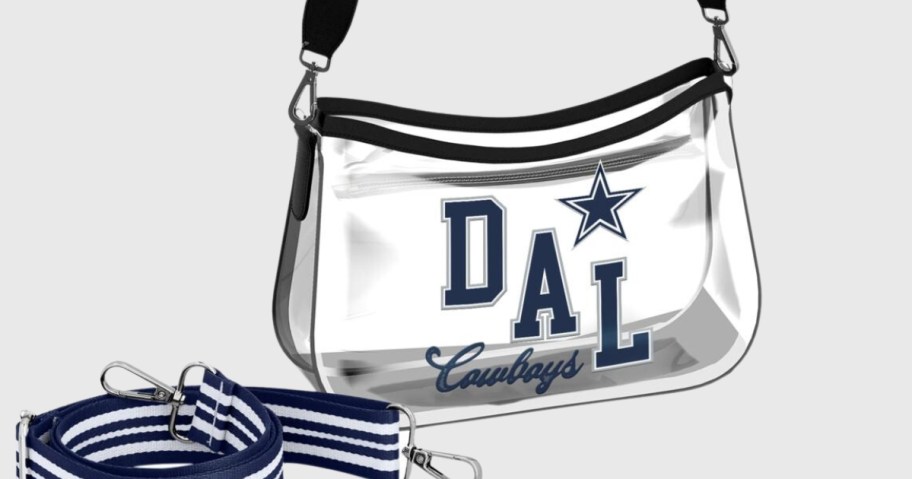 clear black and blue NFL Dallas Cowboys mini purse with a solid blue strap, striped additional strap to the side