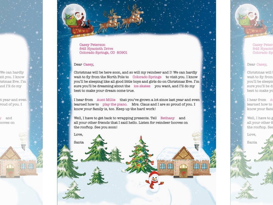 letter from Santa on a piece of paper with Santa and his reindeer flying thru the night sky and North Pole winter snow scene at the bottom