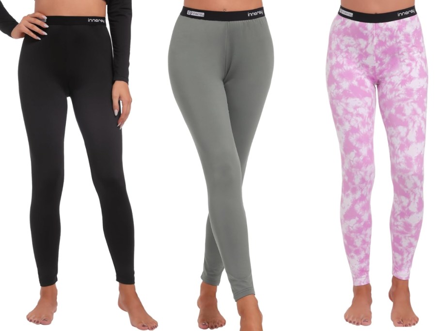 3 women's legs wearing thermal leggings, one in black, one in grey, and one in a pink and white print