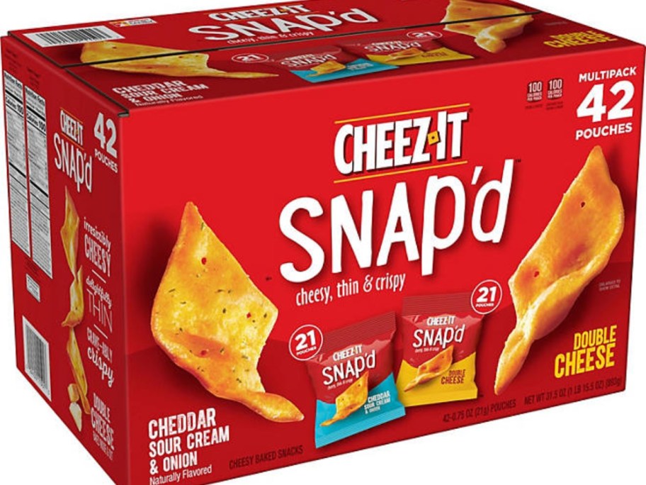 Large red box containing individual sizes of Cheez-It Snapped Baked Snack Crackers.